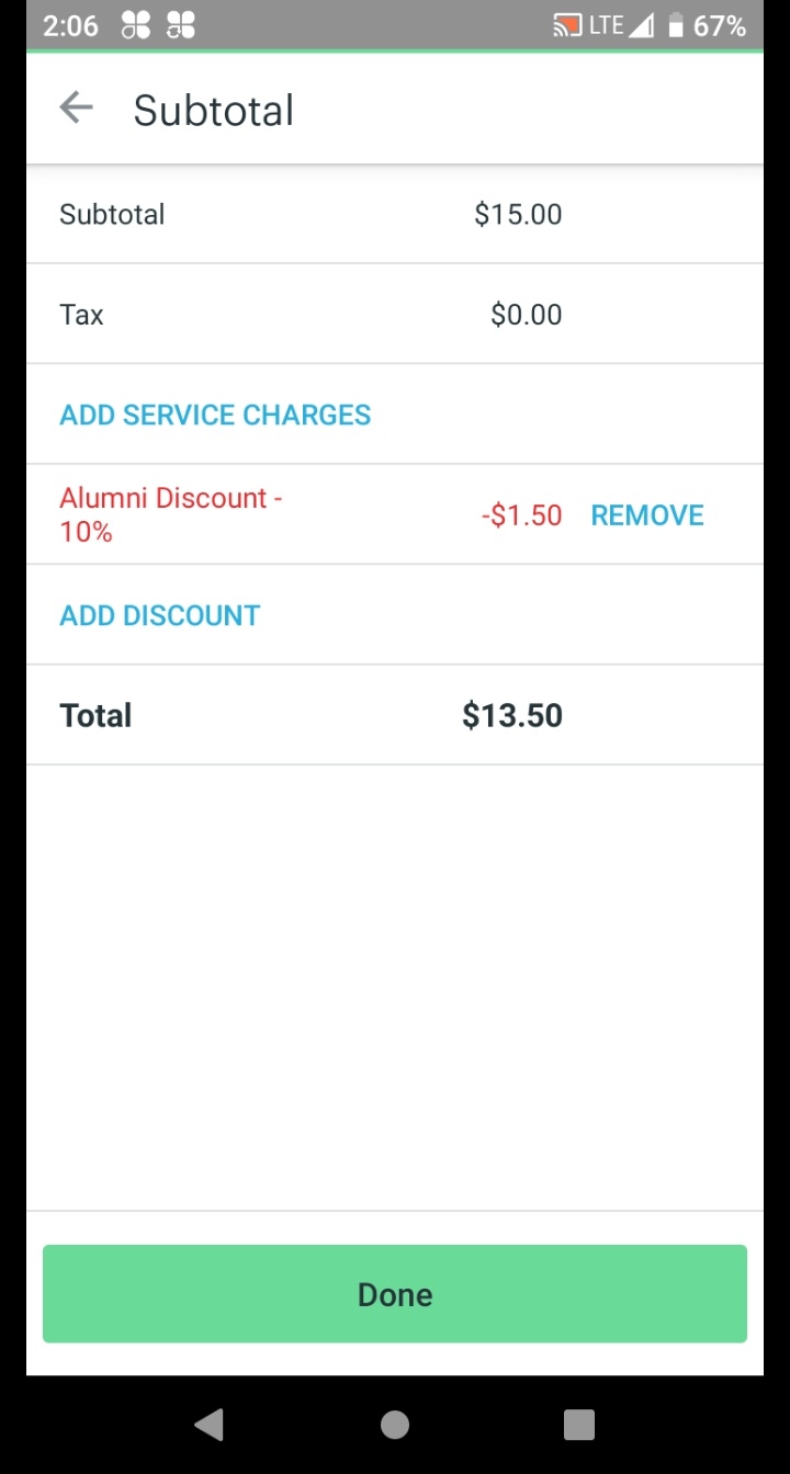 Subtotal screen showing Alumni Discount 10% applied at -$3.00 with a REMOVE option and Total of $27.00.